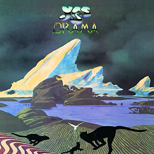 Yes album "Drama" cover: surreal landscape with mountains and animals.