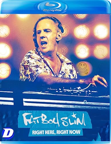 Blu-ray cover for “Right Here, Right Now” featuring Fatboy Slim at a DJ set.
