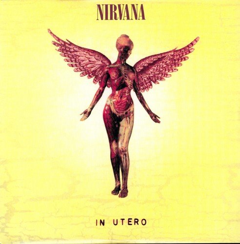 The image shows the cover of Nirvana's album "In Utero". Alt text: Anatomical female figure with wings, "Nirvana" and "In Utero" text.