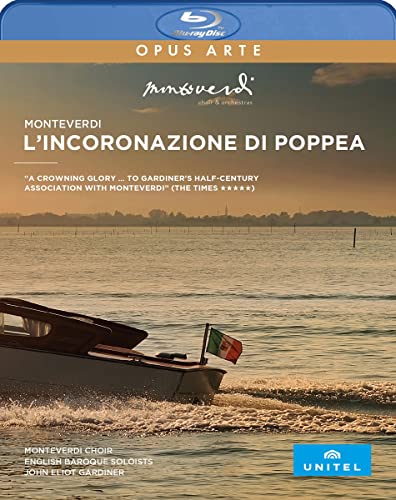 Blu-ray cover for Monteverdi’s *L’incoronazione di Poppea* opera, featuring a boat.
