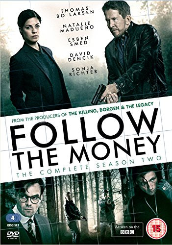 "Follow the Money Season 2 DVD cover featuring actors and forest scenes."