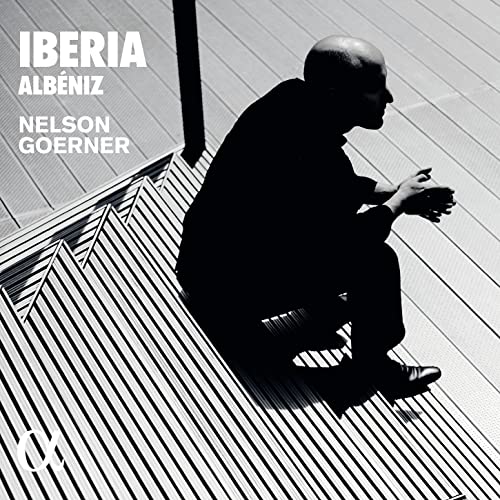 CD cover featuring pianist Nelson Goerner in grayscale, with geometric patterns.