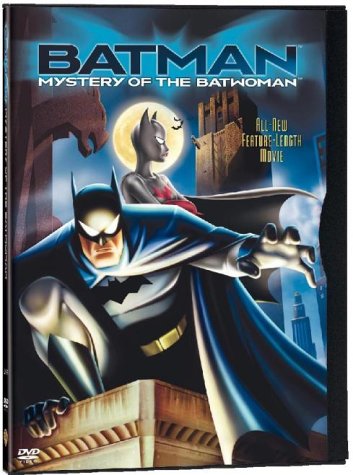 "Batmman crouches on a building with Batwoman behind him, on a DVD case."