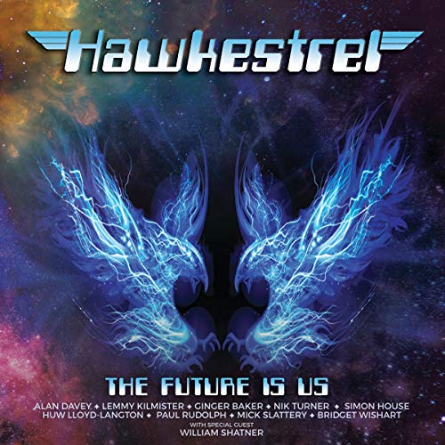 "Vinyl album cover with blue winged silhouette against a colorful galaxy background."