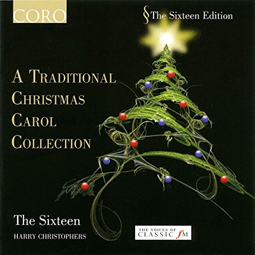 "CD cover with a Christmas tree on a black background, red and blue ornaments."