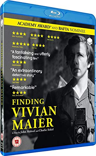 Blu-ray cover for documentary “Finding Vivian Maier” featuring a woman with a camera.