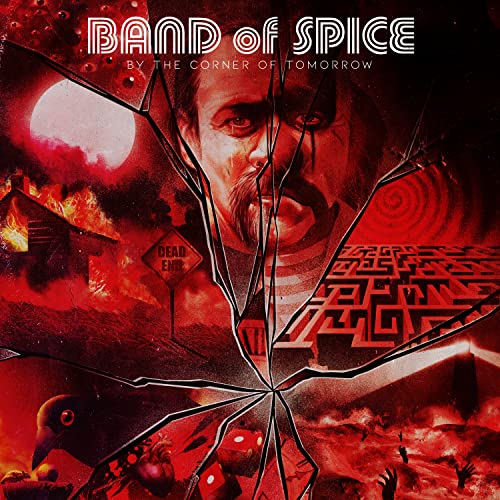 Album cover for Band Of Spice, featuring a cracked portrait and fiery landscape.