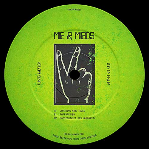 Bright green vinyl record with black and white hand graphic and text.