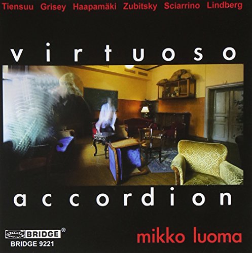 CD cover with "virtuoso accordion" text, featuring a blurred accordion and living room scene.