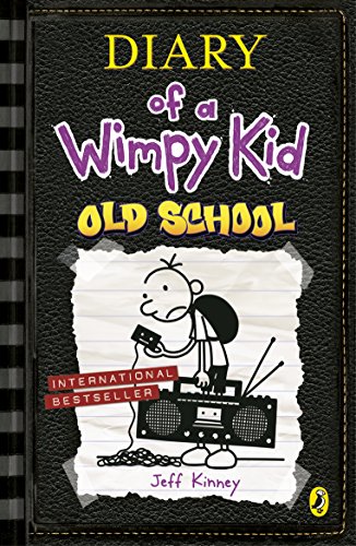"Black book cover with cartoon boy and radio, titled 'Diary of a Wimpy Kid: Old School'."