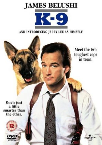 "K-9 DVD cover featuring a man and a German Shepherd dog."