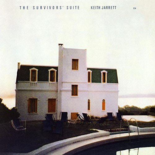 "Vinyl record cover featuring a white house with a pool at dusk."