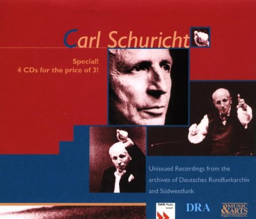 "CD cover with blue background, red accents, and three black-and-white photos of Carl Schuricht."