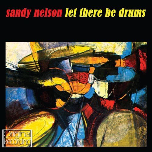 Album cover with abstract drum illustration, black background, and artist name in red and yellow.