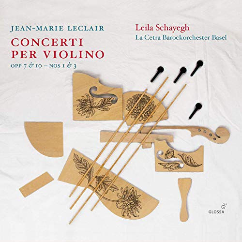 "CD cover featuring wooden violin parts with floral designs on a white background."