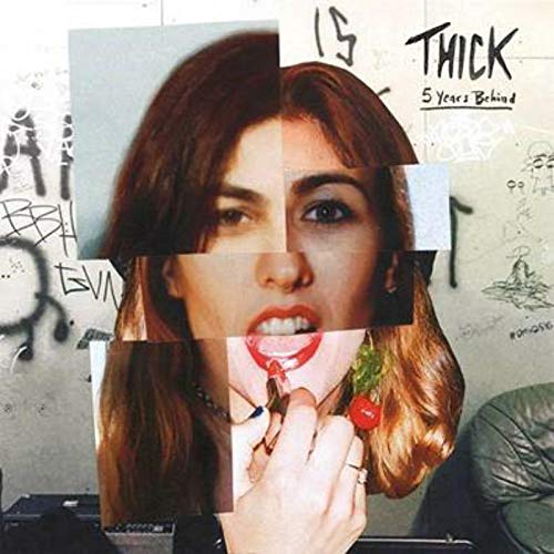 "Album cover with a fragmented image of a woman eating a cherry."