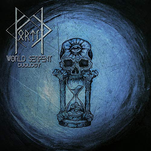 CD cover: skull with hourglass, third eye, and blue marbled background.