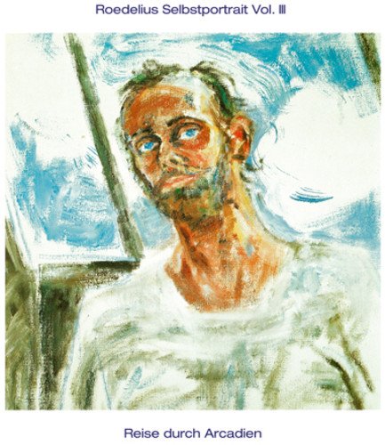 Painted portrait of a man looking upwards, album cover for Roedelius.