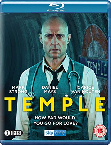 "Blu-ray case with a man in a vest and stethoscope, 'Temple' title displayed prominently."