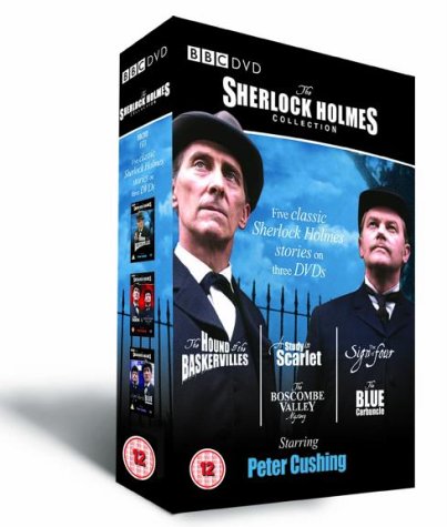 DVD box set featuring Peter Cushing as Sherlock Holmes against a blue background.