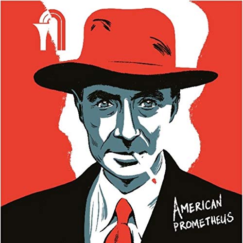Red and white illustration of J. Robert Oppenheimer with a hat.