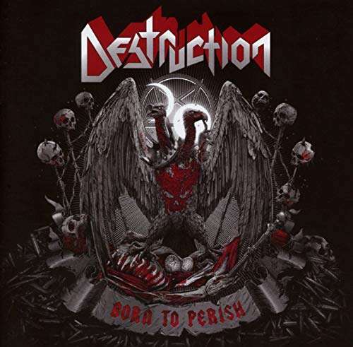 "Album cover with a red and grey bird surrounded by skulls on a black background."