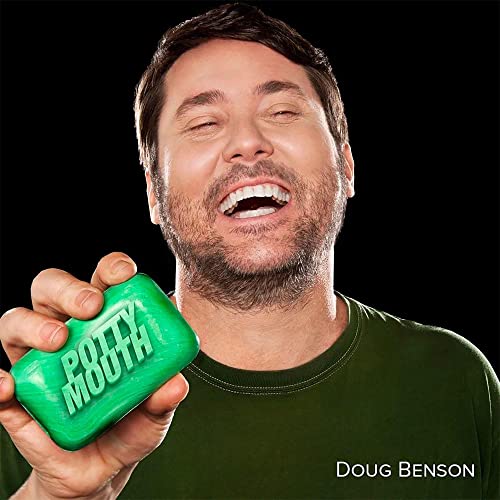 Doug Benson holding a green bar of soap labeled "Potty Mouth," smiling.