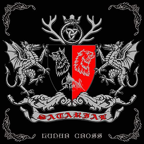 Black and silver heraldic crest with dragons, a shield, and text.