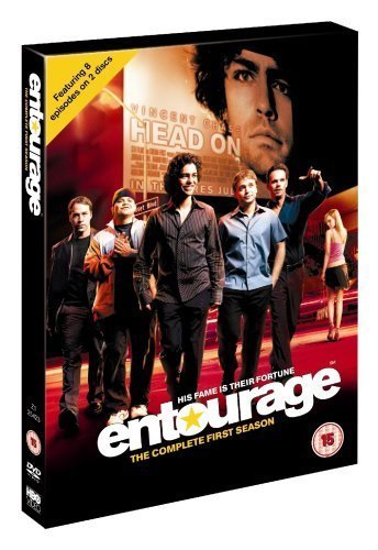 "Black DVD case with 'Entourage: The Complete First Season' cover art featuring main characters."