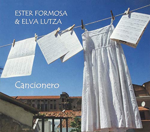 "CD cover with white dress and sheet music hanging on a clothesline."