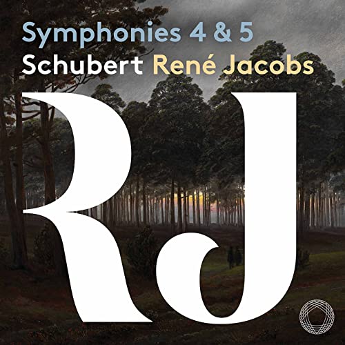 CD cover for Schubert symphonies, featuring trees and large initials “Rj”.