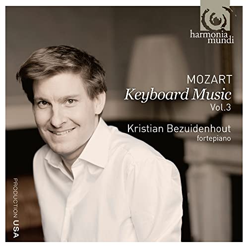 CD cover featuring pianist Kristian Bezuidenhout and text “Mozart Keyboard Music Vol.3”.