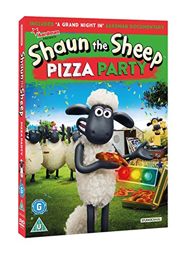 DVD case for "Shaun the Sheep - Pizza Party" with cartoon sheep on the cover.