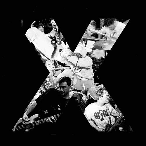 Black and white collage of musicians forming an "X" shape.