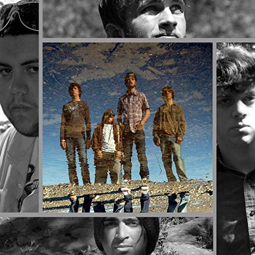 The image is a collage of a band's album cover. Alt text: "Collage of band members' portraits surrounding a central image of four men."