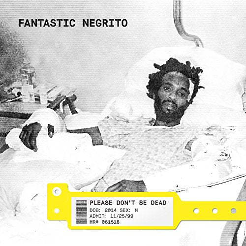 "Black and white album cover with man in hospital bed and yellow hospital wristband."