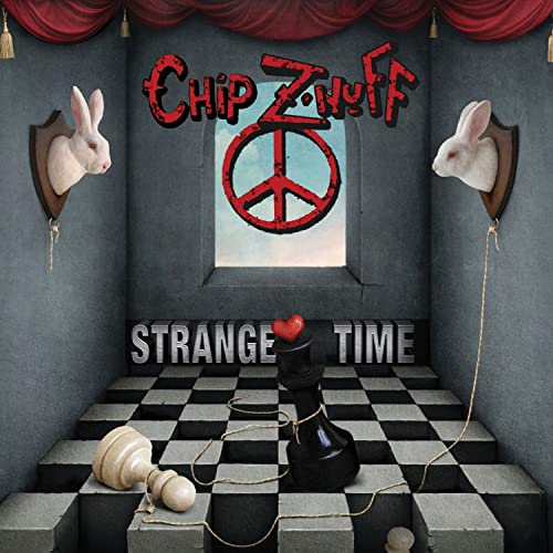 Album cover: Chip Znuff’s “Strange Time” with rabbits, chess pieces, and a peace sign.