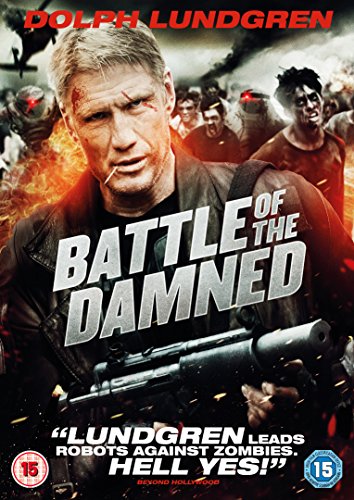 Dolph Lundgren holds a rifle in front of zombies and robots on a battlefield.