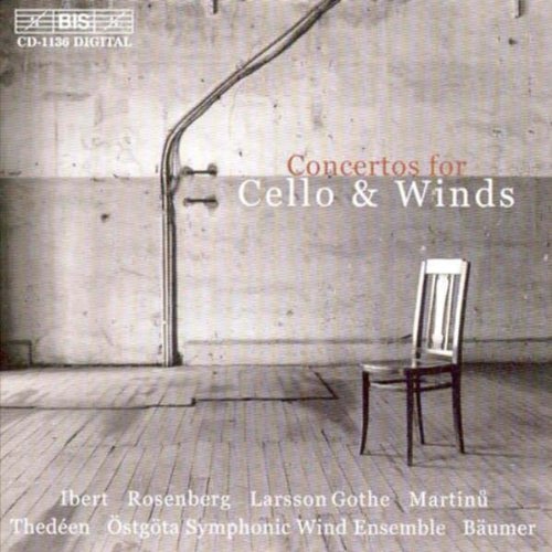 CD cover: industrial interior with chair, text “Concertos for Cello & Winds”.