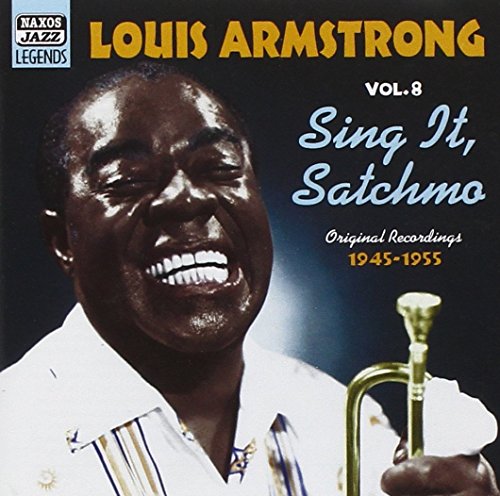 Louis Armstrong smiling, holding a trumpet, on a music album cover with dark background.