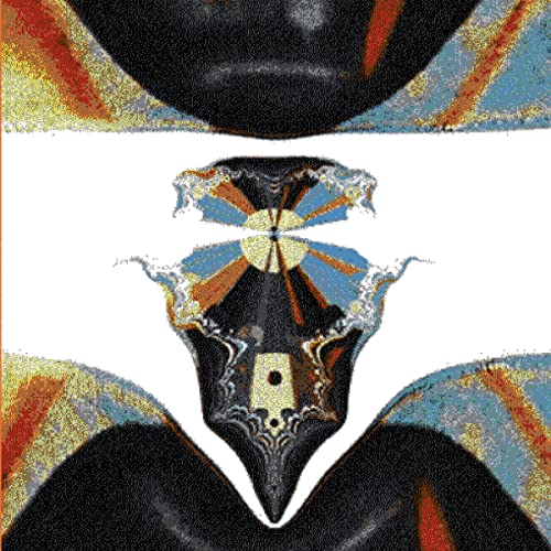 Symmetrical abstract design with black, white, and colorful patterned elements.