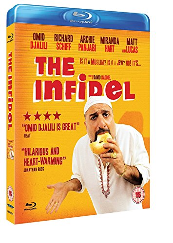 Blu-ray cover for "The Infidel" featuring Omid Djalili with a bagel.