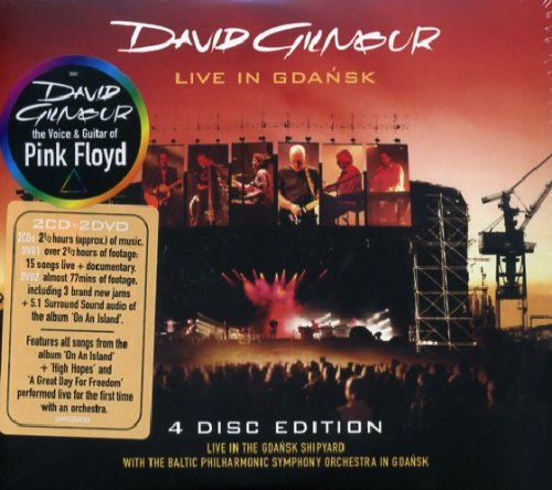 "David Gilmour Live in Gdansk DVD cover featuring a concert scene with musicians on stage."