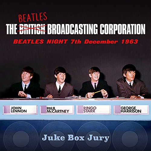 "The Beatles seated at a table, album cover with text and names listed below."