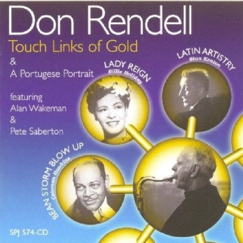 "CD cover featuring Don Rendell's image and other musicians, with gold molecular structure design."
