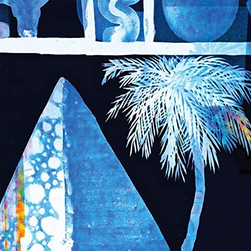 Blue abstract shapes featuring a palm tree and triangle.