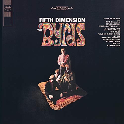 The Byrds’ “Fifth Dimension” album cover featuring the band seated on a rug.