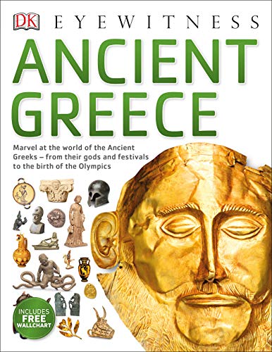 "Book cover with a gold mask and various artifacts, titled 'Eyewitness Ancient Greece'."