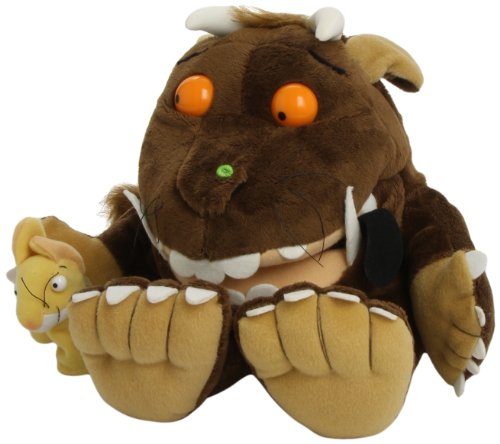 Brown hand puppet of Gruffalo character holding a small yellow mouse figure, against a white background.