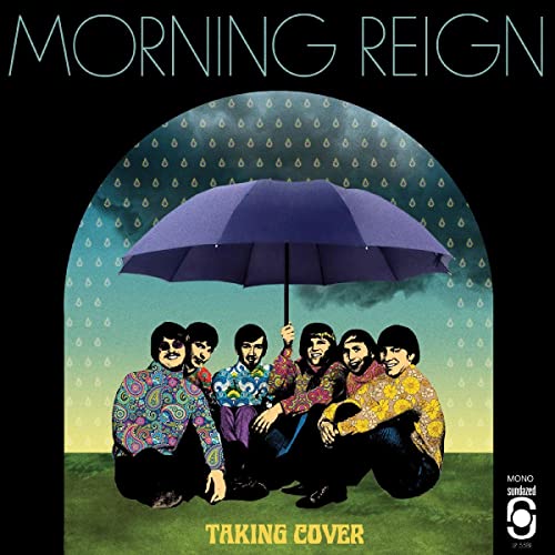 CD cover: band with umbrella under rain, psychedelic patterns.